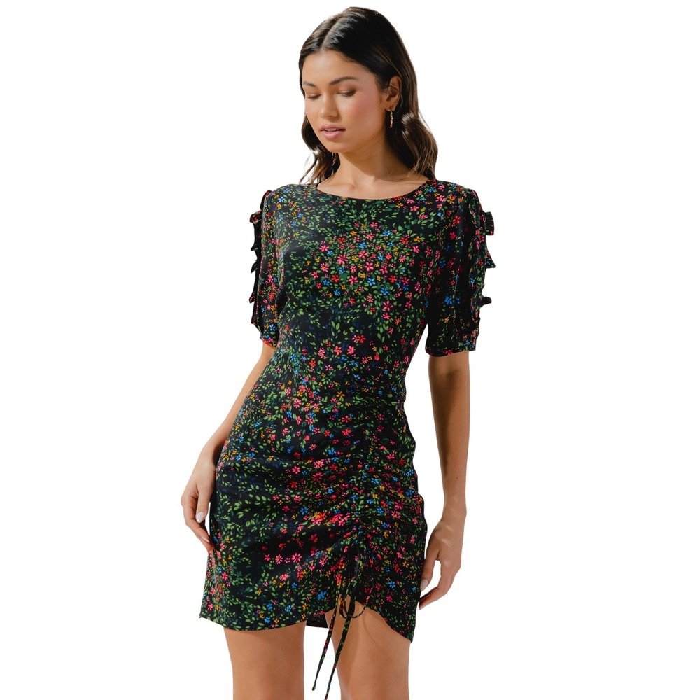 NWT SUGAR + LIPS Black Floral Ruched Drawstring Mini Dress Size M